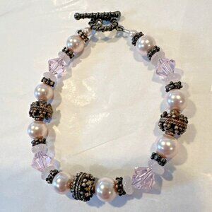 Bracelet Pink Glass and Pearls In Bronze Metal Toggle Clasp 7.5" Vintage Artisan